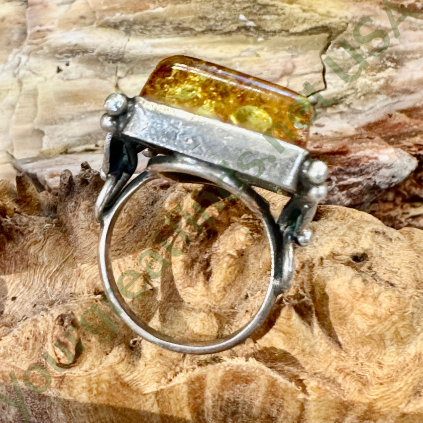 Vintage Sterling Silver Golden Amber Ring Size 8