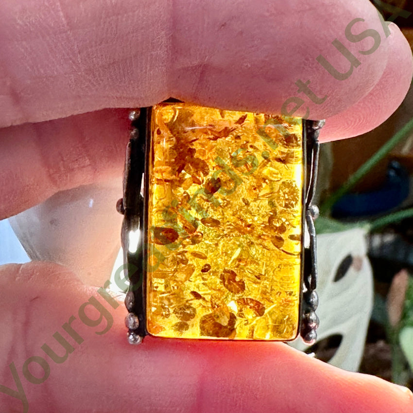 Vintage Sterling Silver Golden Amber Ring Size 8