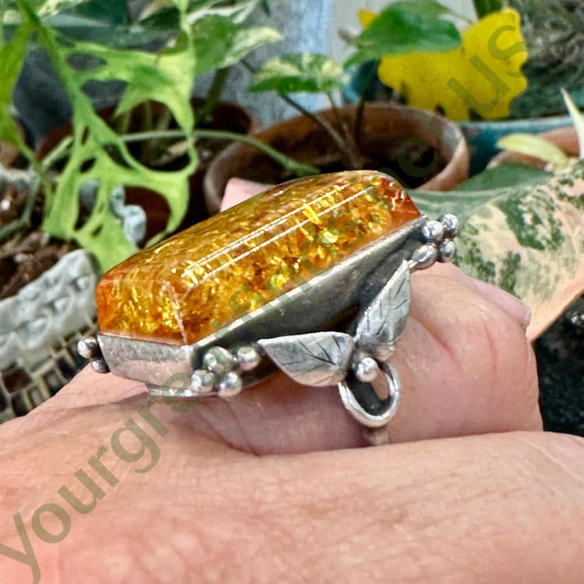 Vintage Sterling Silver Golden Amber Ring Size 8