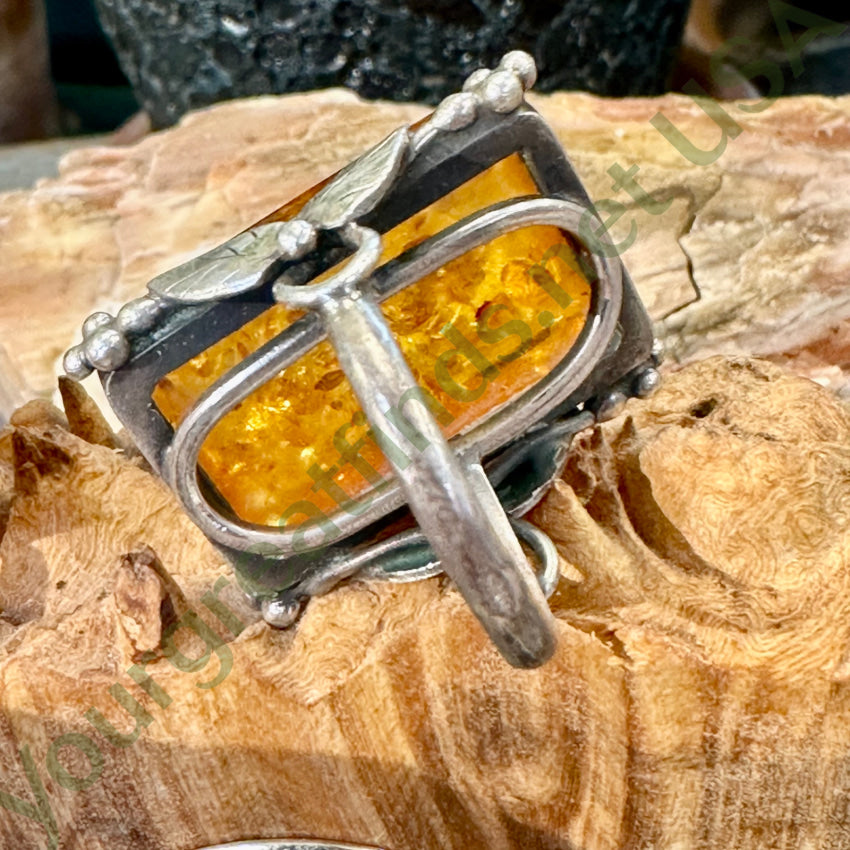 Vintage Sterling Silver Golden Amber Ring Size 8