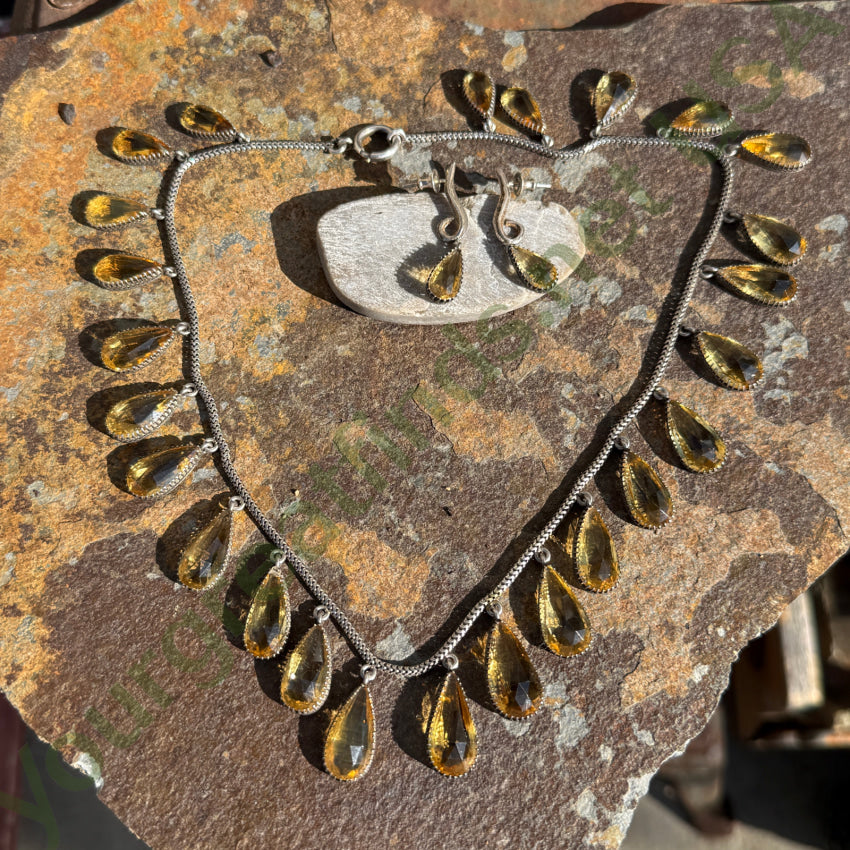 Vintage Sterling Silver & Golden Citrine Drop Necklace Earring Set necklace & earring set