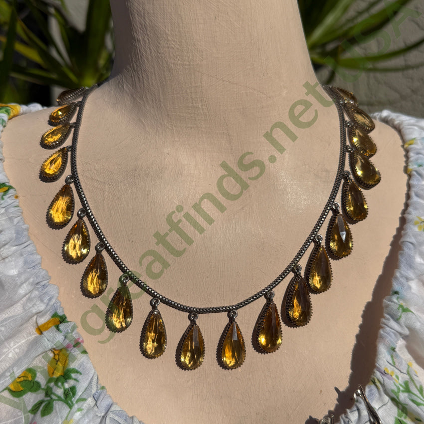 Vintage Sterling Silver & Golden Citrine Drop Necklace Earring Set necklace & earring set