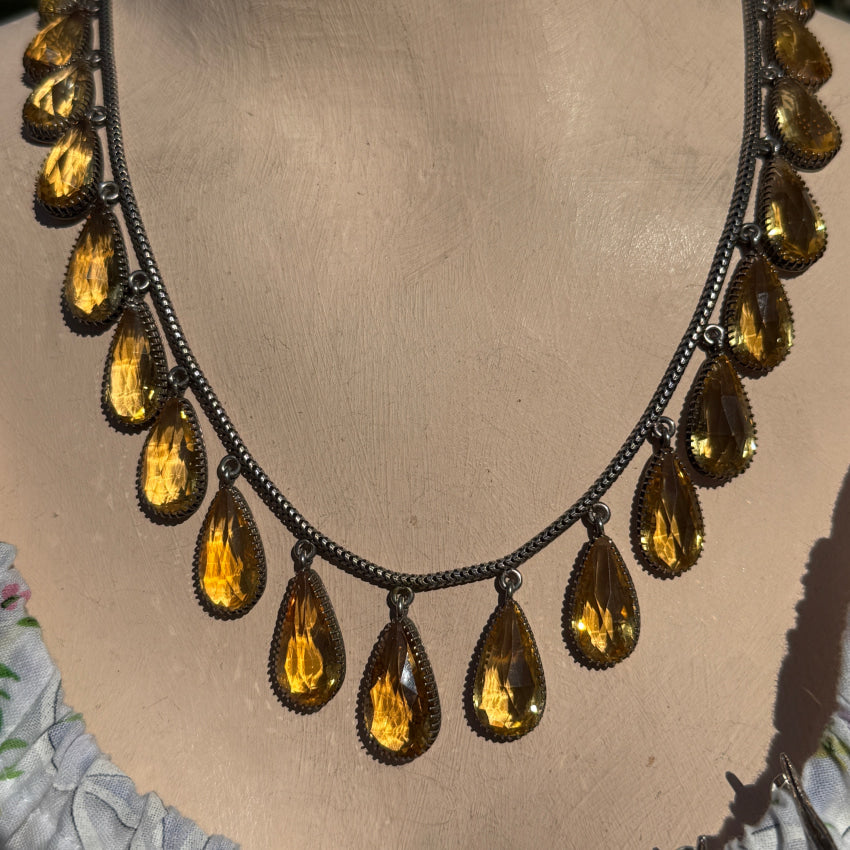 Vintage Sterling Silver & Golden Citrine Drop Necklace Earring Set necklace & earring set
