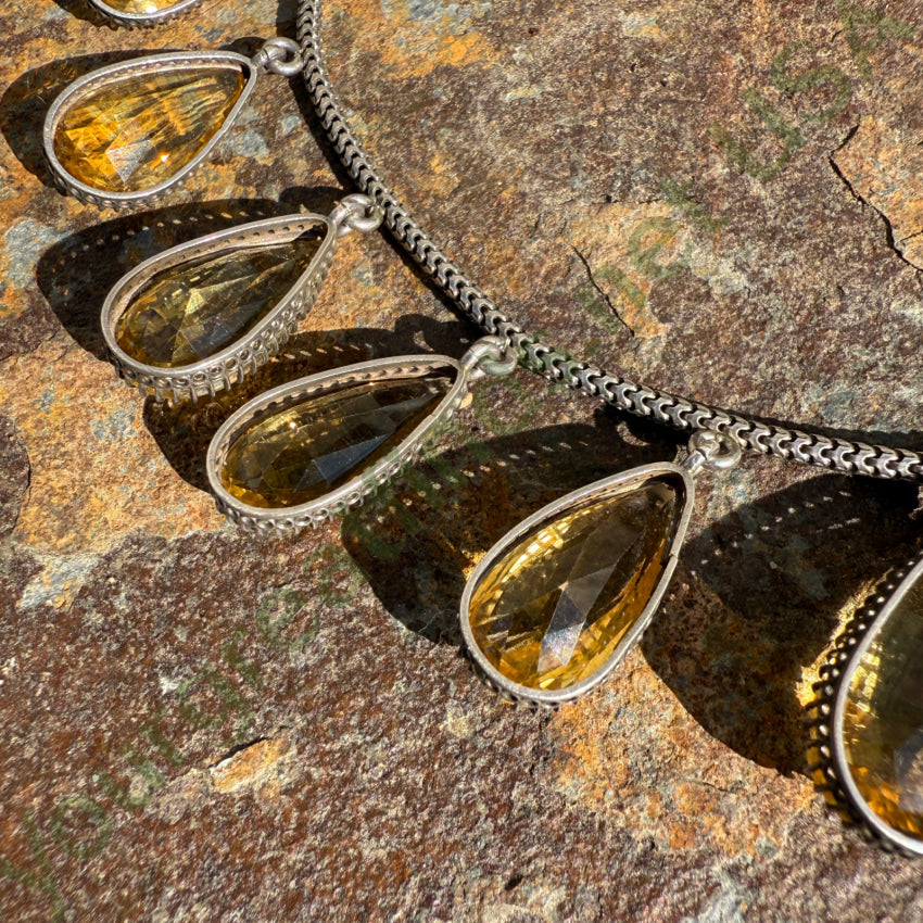Vintage Sterling Silver & Golden Citrine Drop Necklace Earring Set necklace & earring set