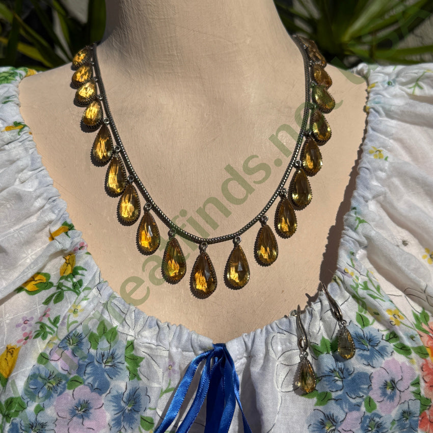Vintage Sterling Silver & Golden Citrine Drop Necklace Earring Set necklace & earring set