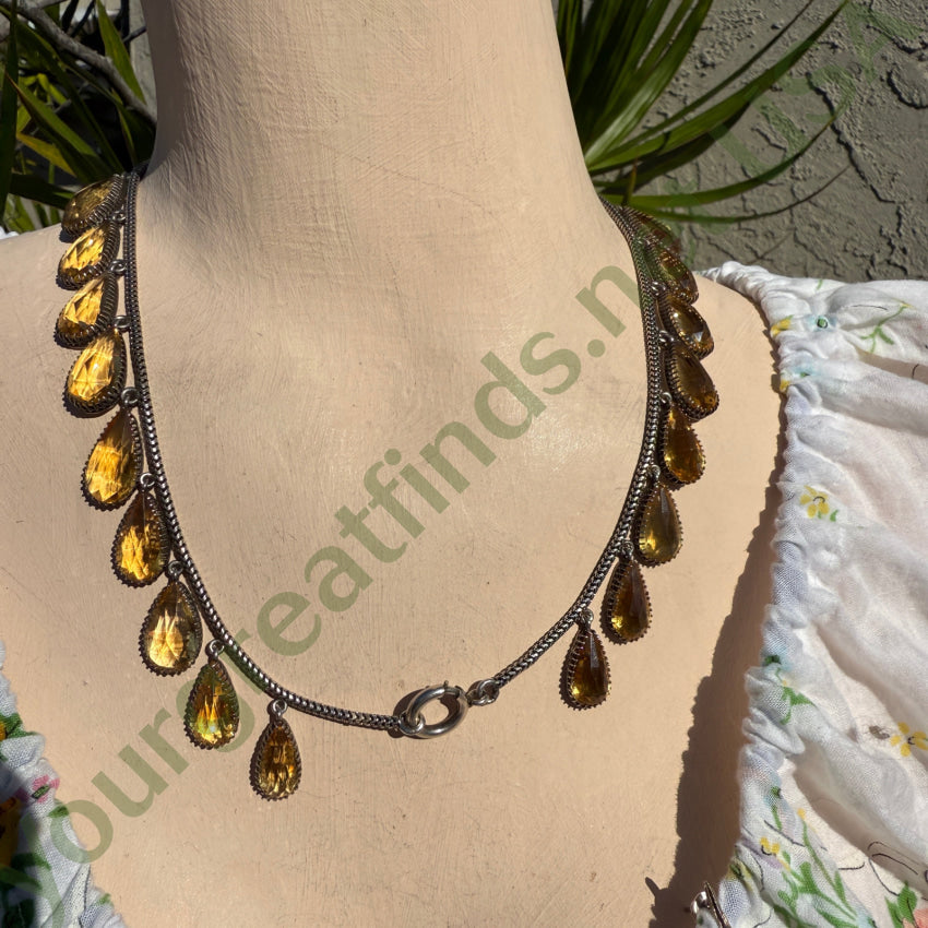 Vintage Sterling Silver & Golden Citrine Drop Necklace Earring Set necklace & earring set
