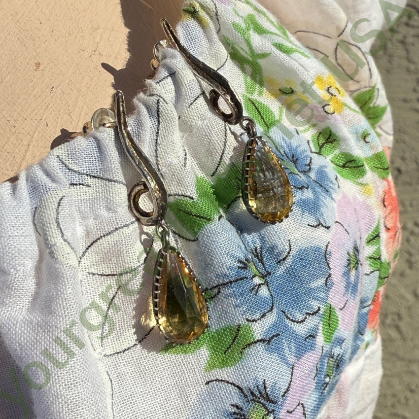 Vintage Sterling Silver & Golden Citrine Drop Necklace Earring Set necklace & earring set