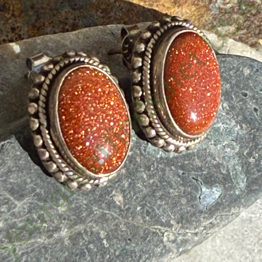Vintage Sterling Silver Goldstone Pierced Post Stud Earrings earrings