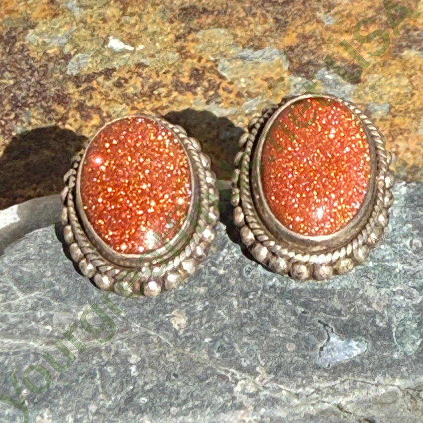 Vintage Sterling Silver Goldstone Pierced Post Stud Earrings earrings