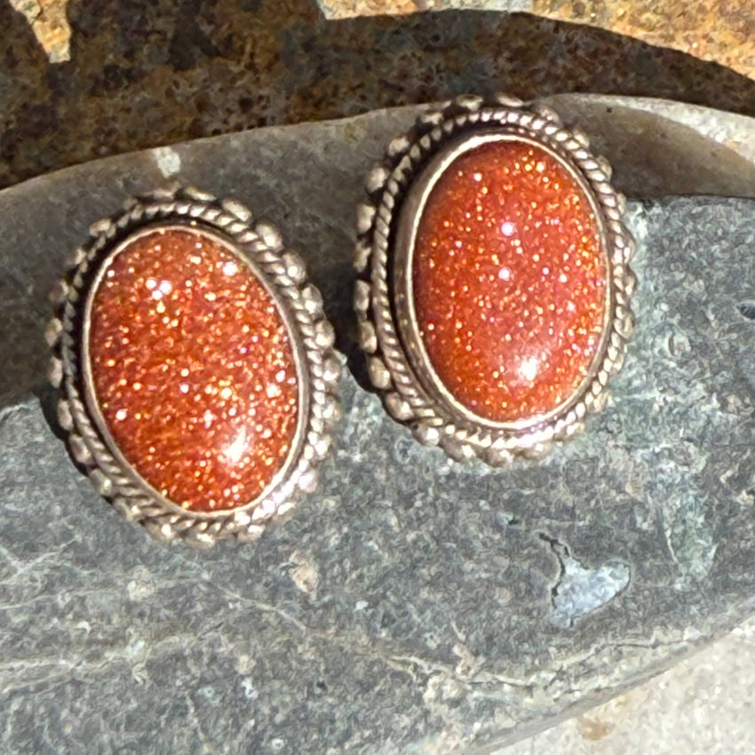 Vintage Sterling Silver Goldstone Pierced Post Stud Earrings earrings