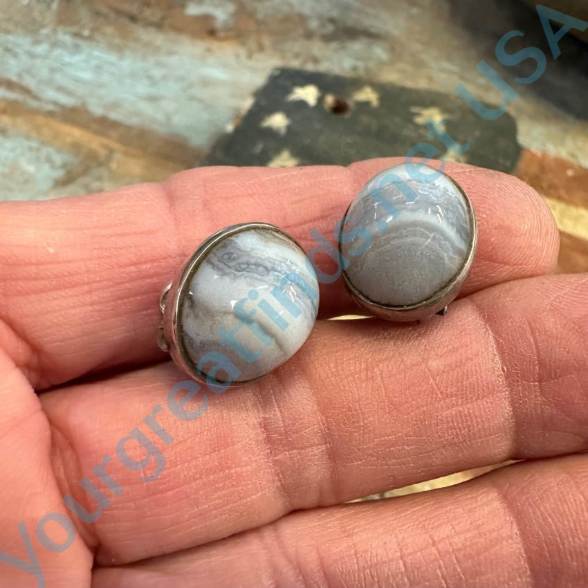 Vintage Sterling Silver Gray Banded Agate Clip Earrings