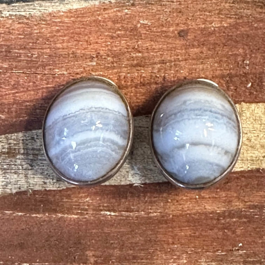Vintage Sterling Silver Gray Banded Agate Clip Earrings