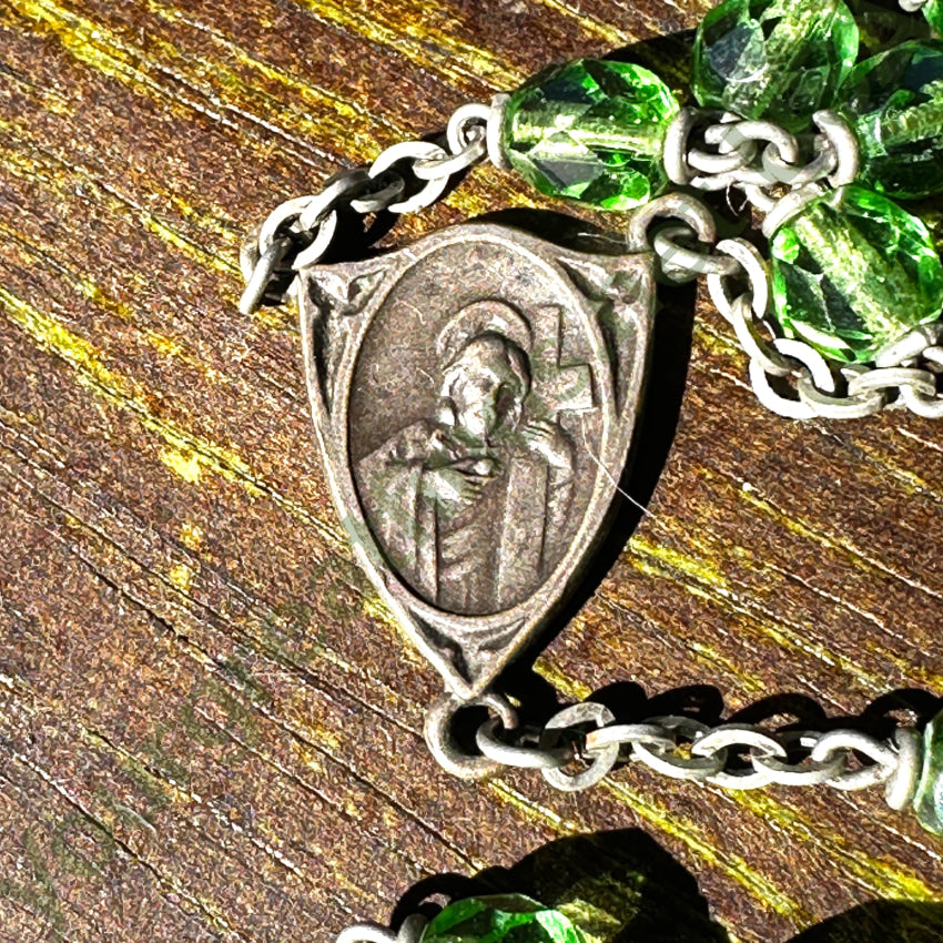 Vintage Sterling Silver & Green Glass Bead Rosary Rosary Necklace
