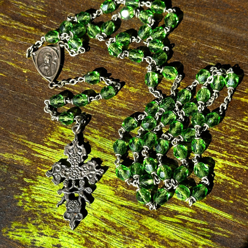 Vintage Sterling Silver & Green Glass Bead Rosary Rosary Necklace