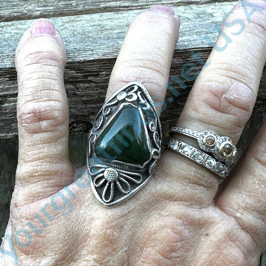 Vintage Sterling Silver & Green Turquoise Adjustable Ring Ring