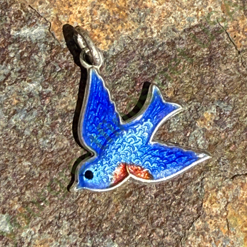 Vintage Sterling Silver Guilloche Enamel Bluebird Pendant pendant