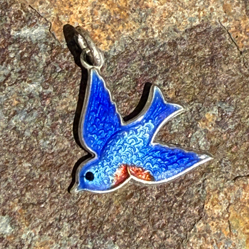 Vintage Sterling Silver Guilloche Enamel Bluebird Pendant pendant