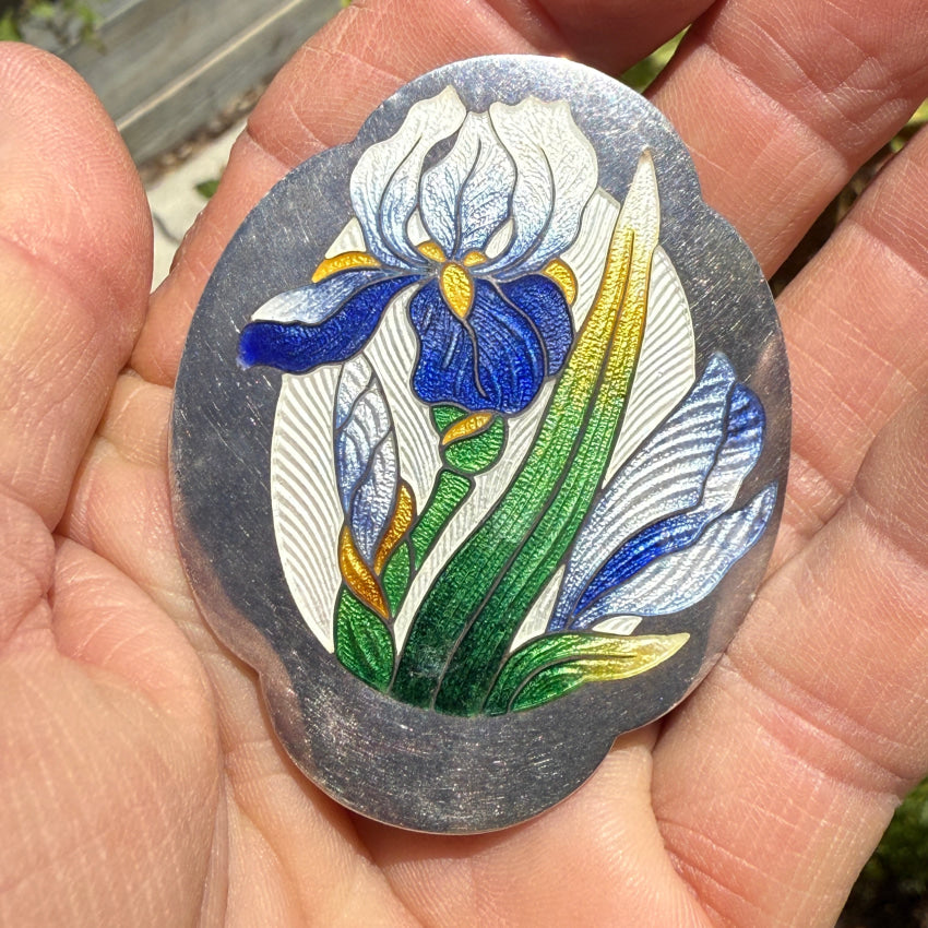 Vintage Sterling Silver & Guilloche Enamel Iris Pin / Pendant Bracelets