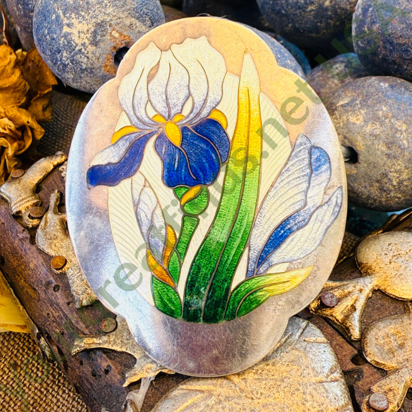 Vintage Sterling Silver & Guilloche Enamel Iris Pin / Pendant Bracelets