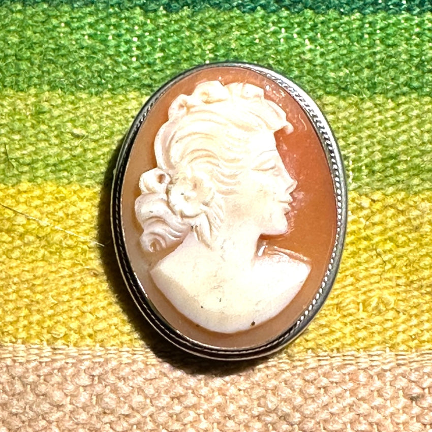 Vintage Sterling Silver Hand Carved Shell Cameo Pendant Pin
