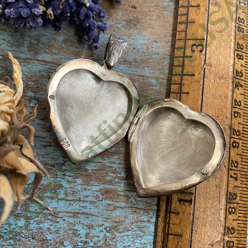 Vintage Sterling Silver Heart Locket Pendant Etched