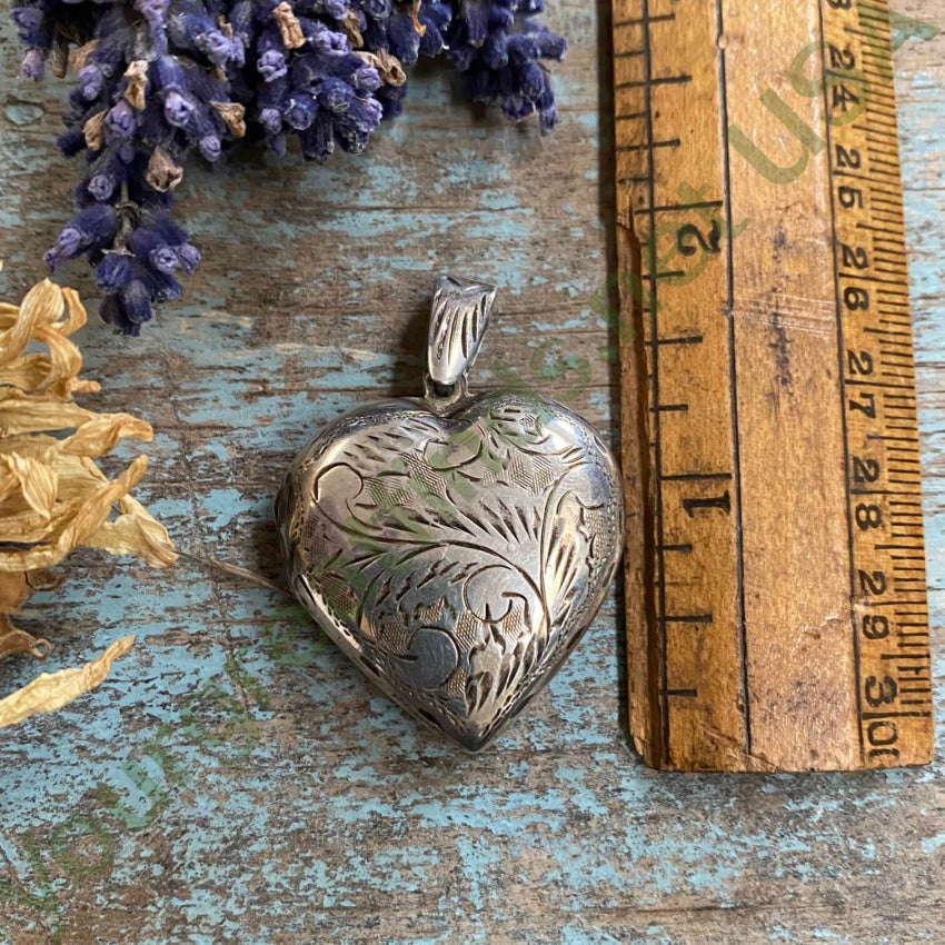 Vintage Sterling Silver Heart Locket Pendant Etched