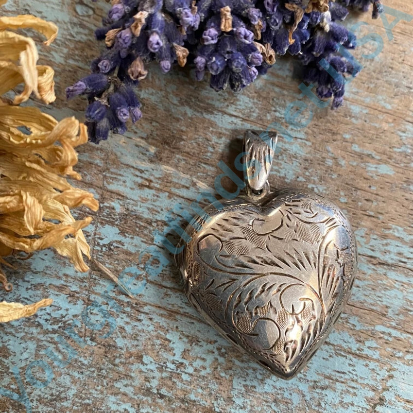 Vintage Sterling Silver Heart Locket Pendant Etched