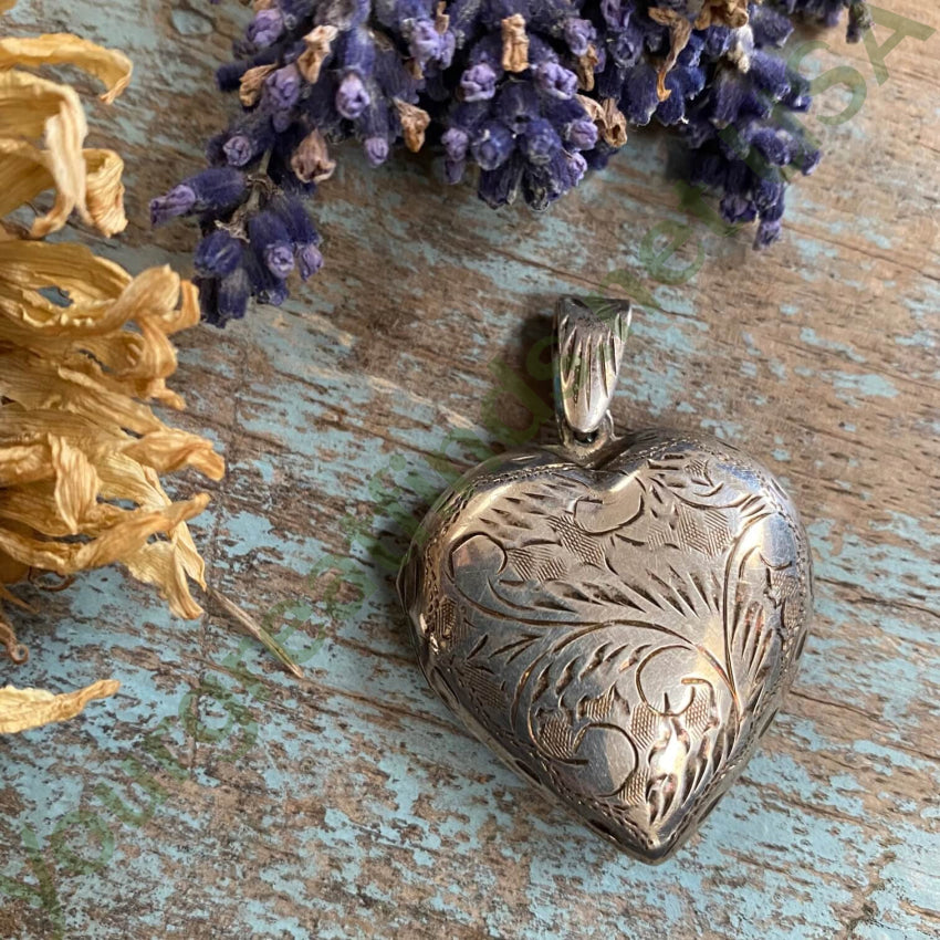 Vintage Sterling Silver Heart Locket Pendant Etched