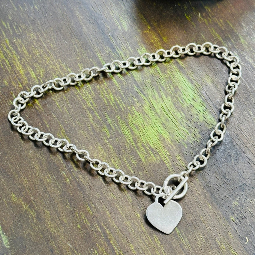 Vintage Sterling Silver Heavy Chain Choker Necklace Heart Charm