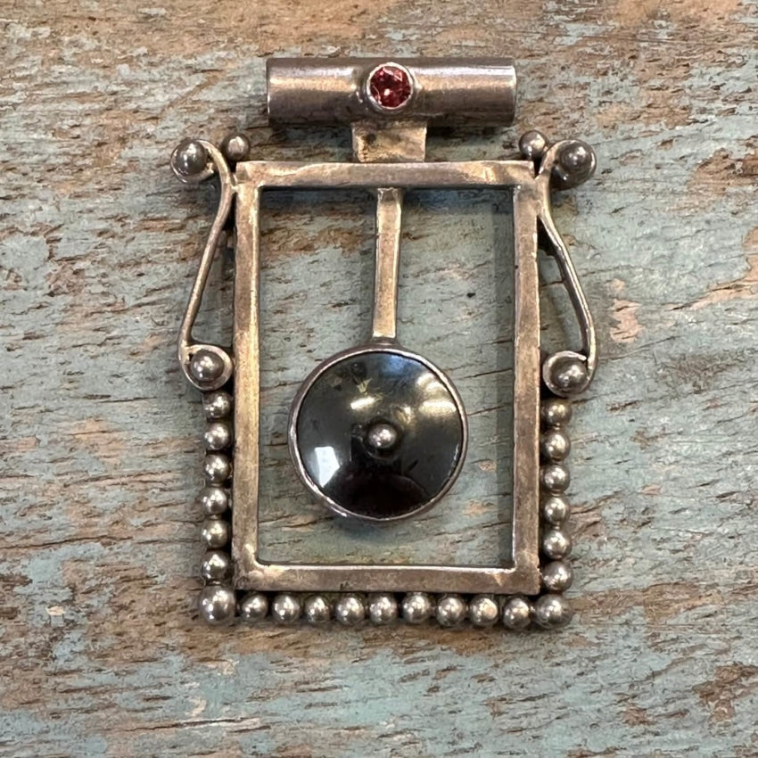 Vintage Sterling Silver Hematite Gong Pendant