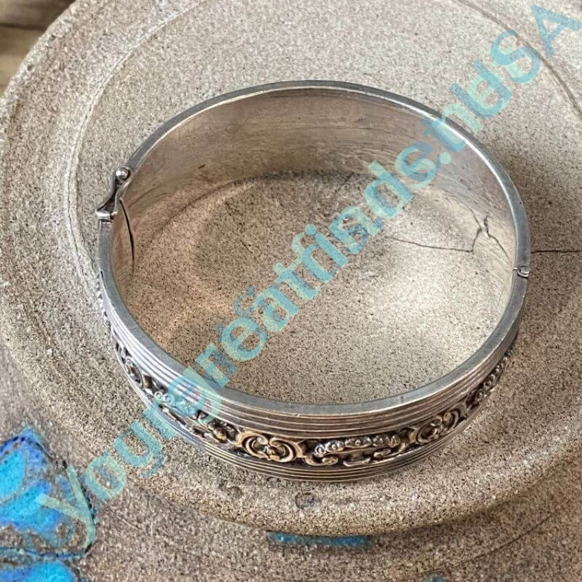 Vintage Sterling Silver Hinged Bangle Bracelet with Floral Design Yourgreatfinds
