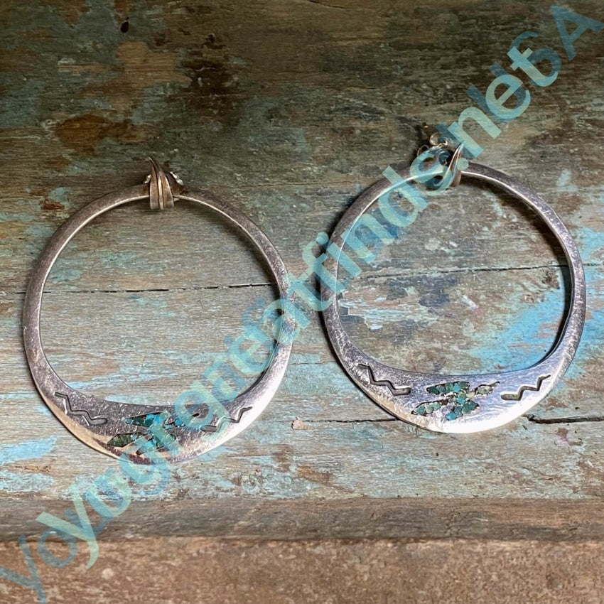 Vintage Sterling Silver Hoop Earrings Turquoise Phoenix Birds Yourgreatfinds