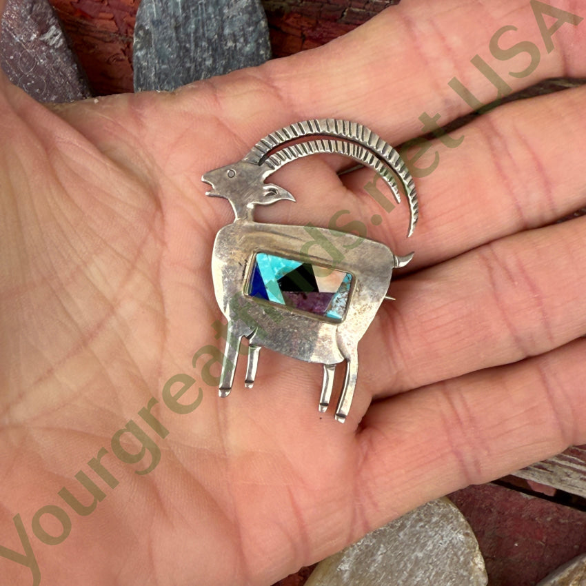 Vintage Sterling Silver Ibex Sheep Channel Inlay Turquoise pin brooches