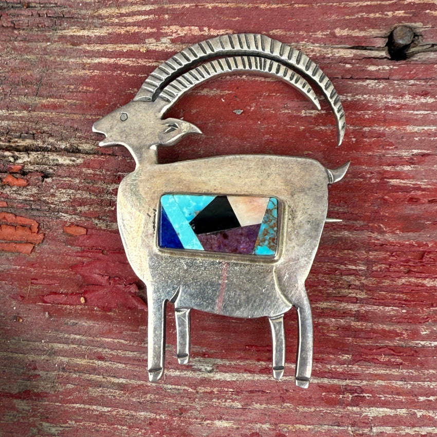 Vintage Sterling Silver Ibex Sheep Channel Inlay Turquoise pin brooches