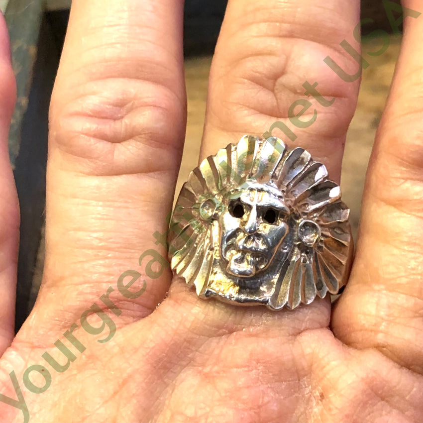 Vintage Sterling Silver Indian Chief In Bonnet Ring Size 11 3/4