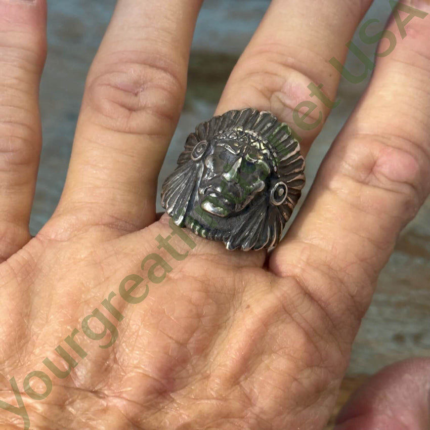 Vintage Sterling Silver Indian Chief In War Bonnet Ring 9.5