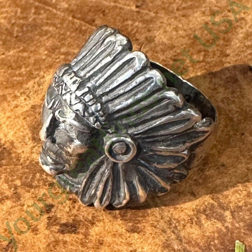 Vintage Sterling Silver Indian Chief In War Bonnet Ring 9.5