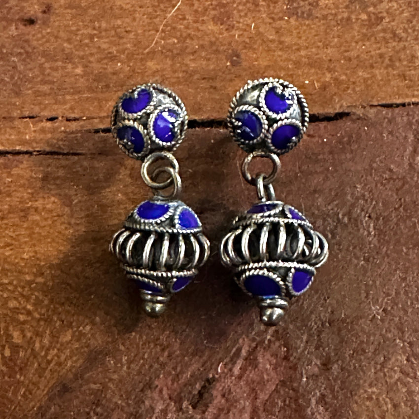 Vintage Sterling Silver & Indigo Enamel Canetille Pierced Post Earrings Earrings