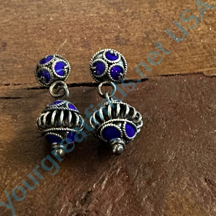 Vintage Sterling Silver & Indigo Enamel Canetille Pierced Post Earrings Earrings