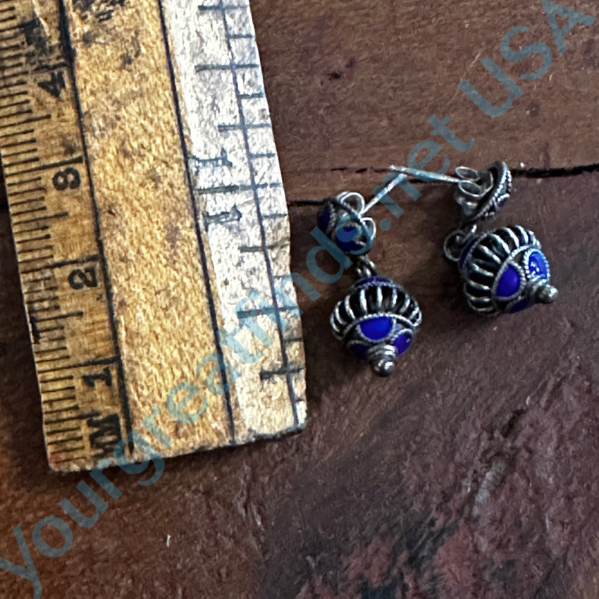 Vintage Sterling Silver & Indigo Enamel Canetille Pierced Post Earrings Earrings