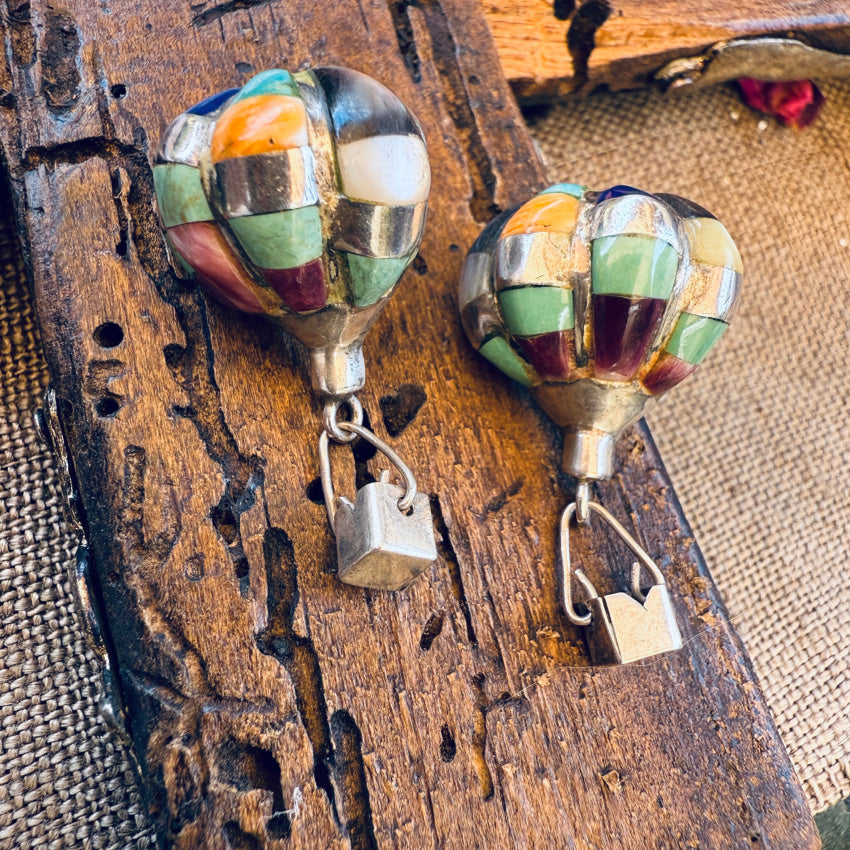 Vintage Sterling Silver & Inlay Gemstone Hot Air Balloon Pierced Post Earrings pin