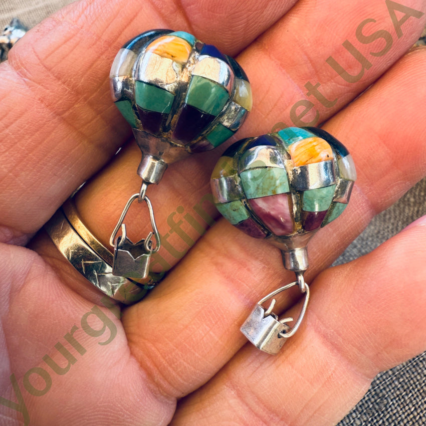 Vintage Sterling Silver & Inlay Gemstone Hot Air Balloon Pierced Post Earrings pin