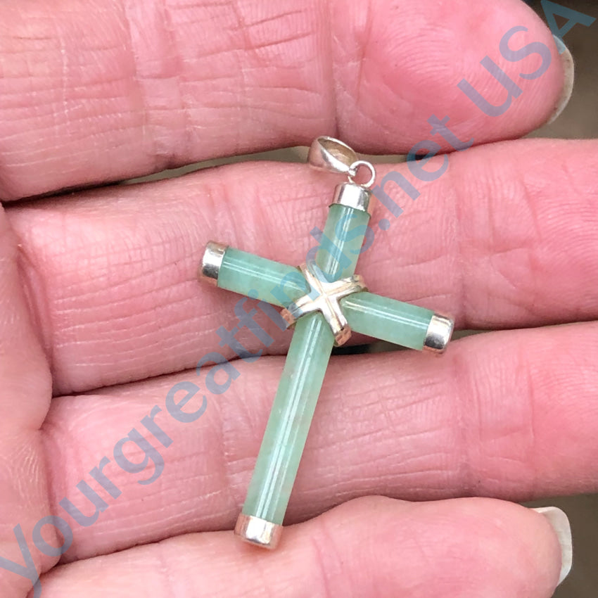 Vintage Sterling Silver & Jade Holy Cross Pendant