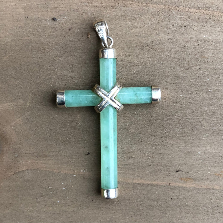 Vintage Sterling Silver & Jade Holy Cross Pendant