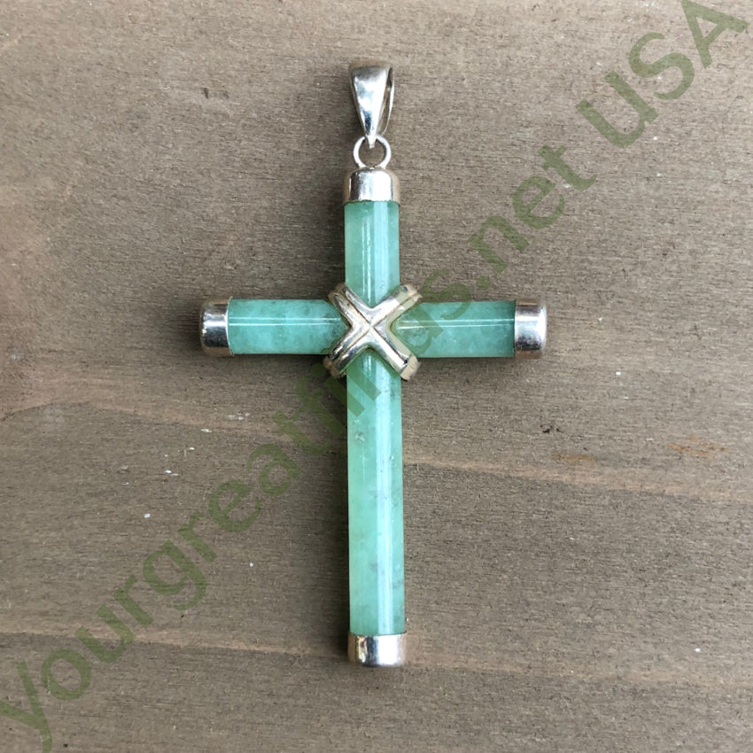 Vintage Sterling Silver & Jade Holy Cross Pendant
