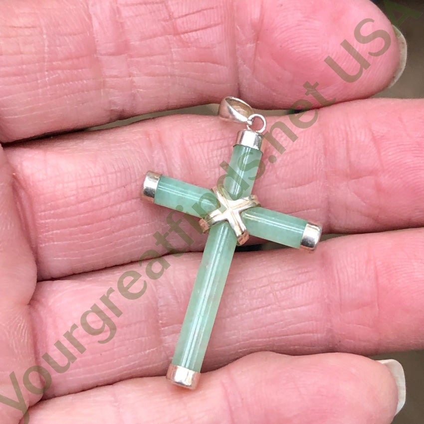 Vintage Sterling Silver & Jade Holy Cross Pendant