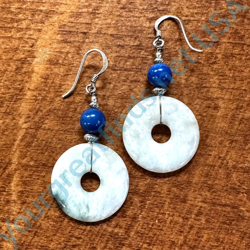 Vintage Sterling Silver Lapis & Jade Pierced Earrings Earrings