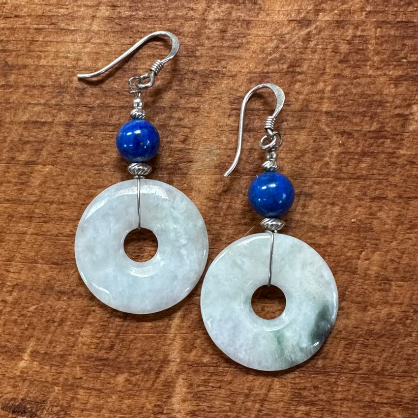 Vintage Sterling Silver Lapis & Jade Pierced Earrings Earrings