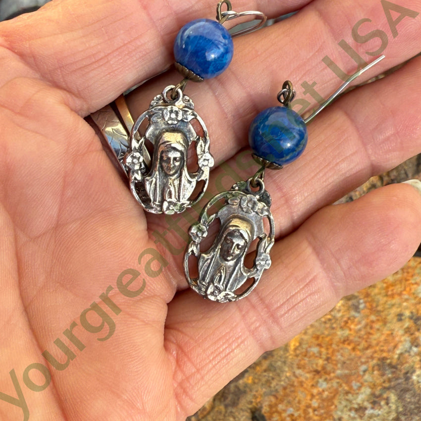 Vintage Sterling Silver & Lapis Lazuli Sacred Mother Pierced Earrings earrings