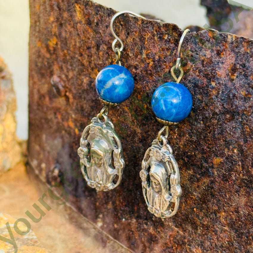 Vintage Sterling Silver & Lapis Lazuli Sacred Mother Pierced Earrings earrings